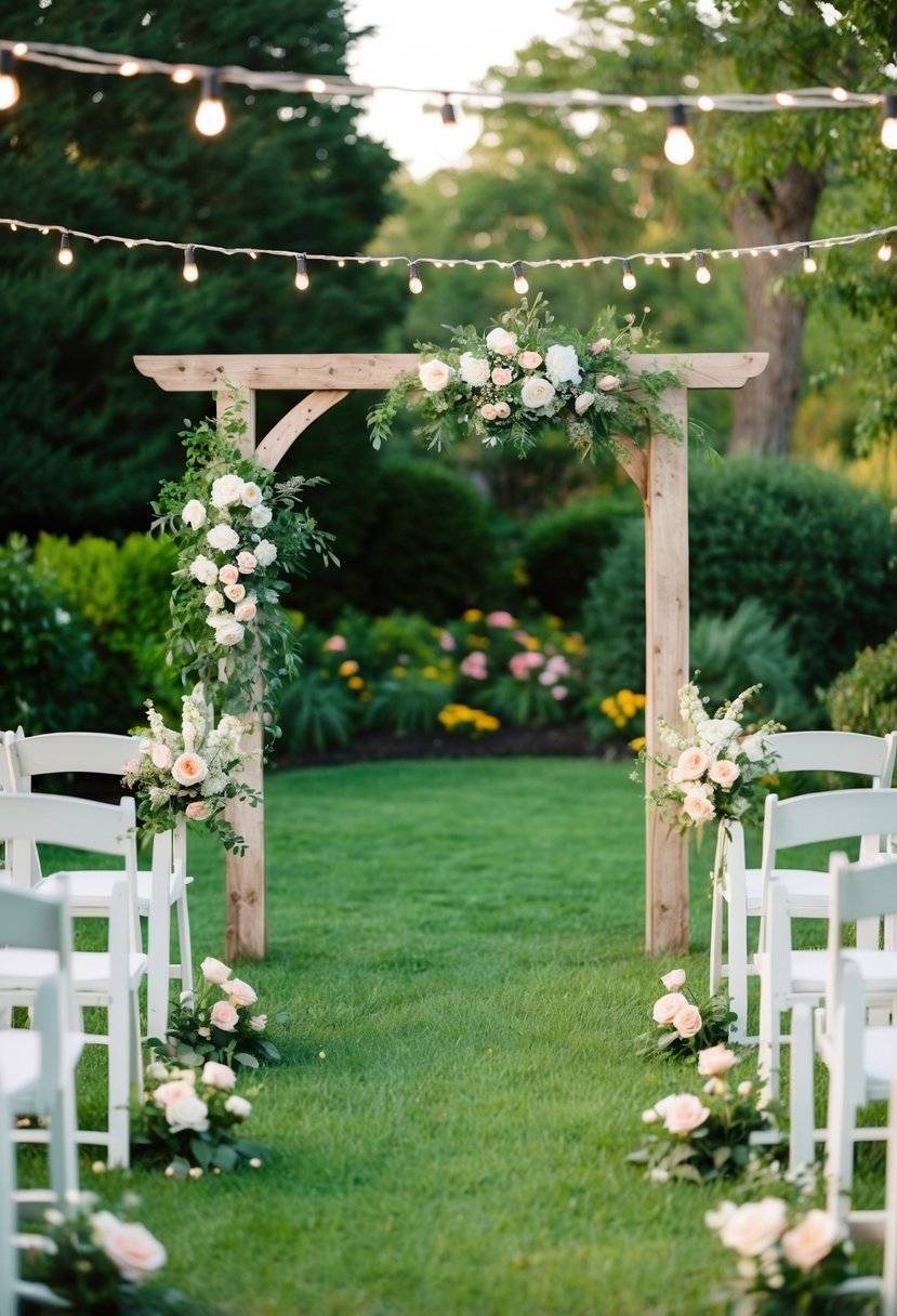 A serene outdoor wedding ceremony set in a lush garden with twinkling string lights, blooming flowers, and a rustic wooden arch