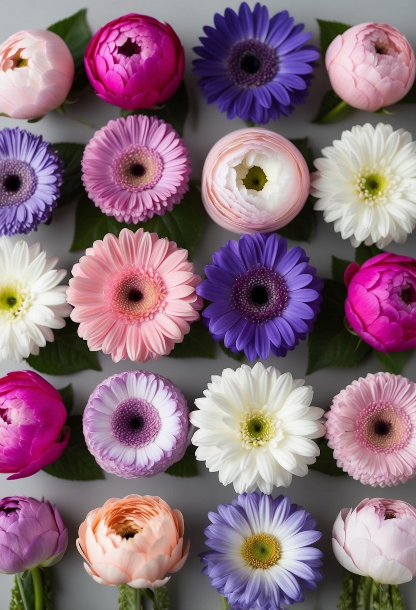 A collection of assorted flowers in various shades of pink, purple, and white arranged in a balanced and harmonious manner