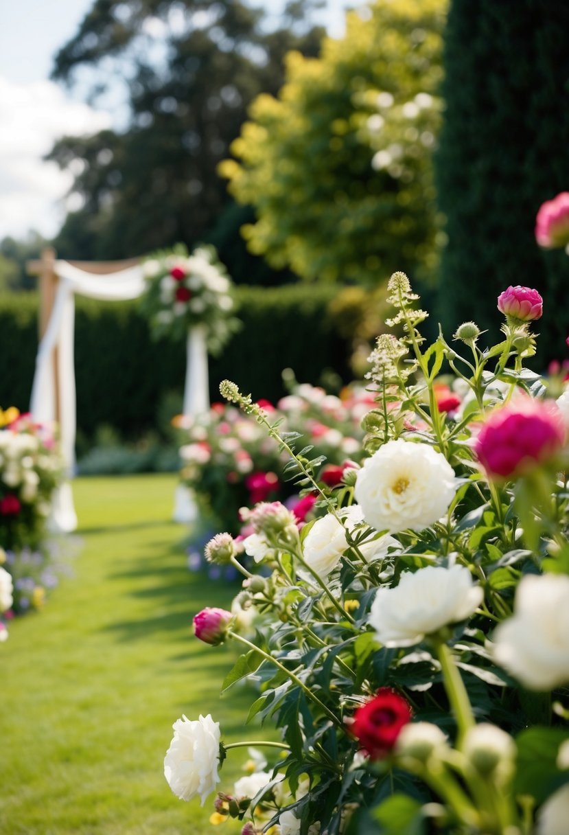 A lush garden with blooming local flowers, set up for an outdoor wedding ceremony