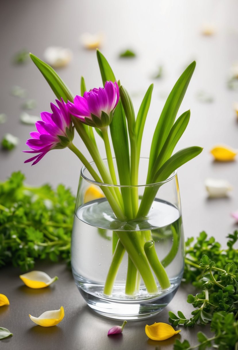 Freshly cut flower stems in a glass of water, angled for better intake, surrounded by scattered petals and greenery