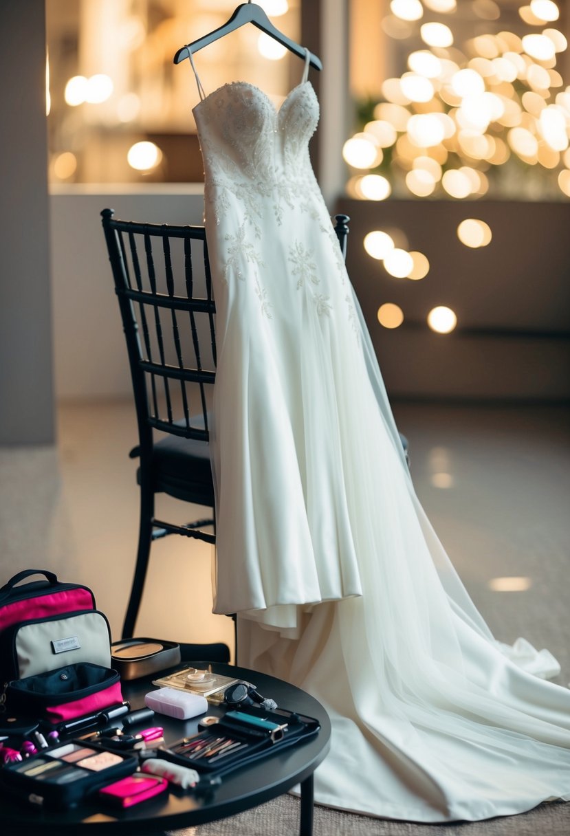 A wedding dress draped over a chair, with a makeup bag, hair accessories, and emergency kit spread out on a nearby table