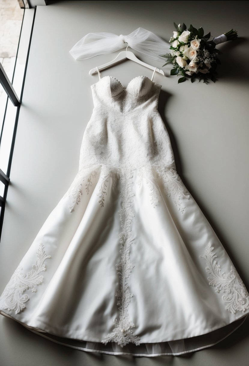 A bride's wedding dress, veil, and accessories laid out on a clean, well-lit surface for a final pre-wedding look test