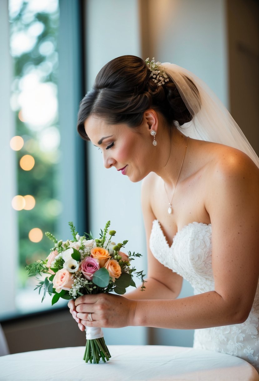 A bride arranging a small bouquet of flowers on a table