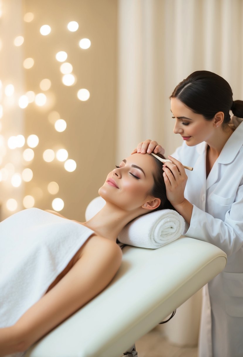 A serene spa room with a reclining chair, soft lighting, and a serene atmosphere, with a beautician applying a soothing facial treatment