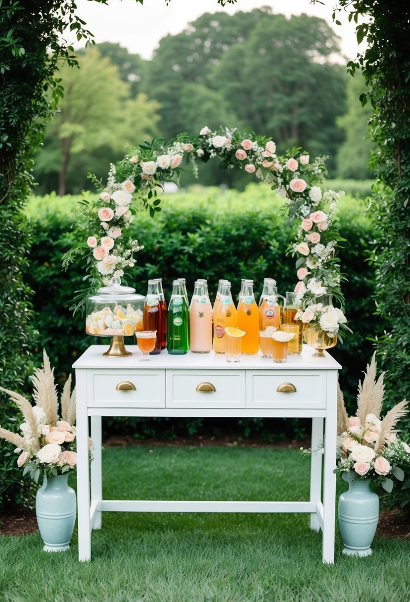 An elegant outdoor refreshment station with a variety of beverages, surrounded by lush greenery and adorned with delicate floral arrangements