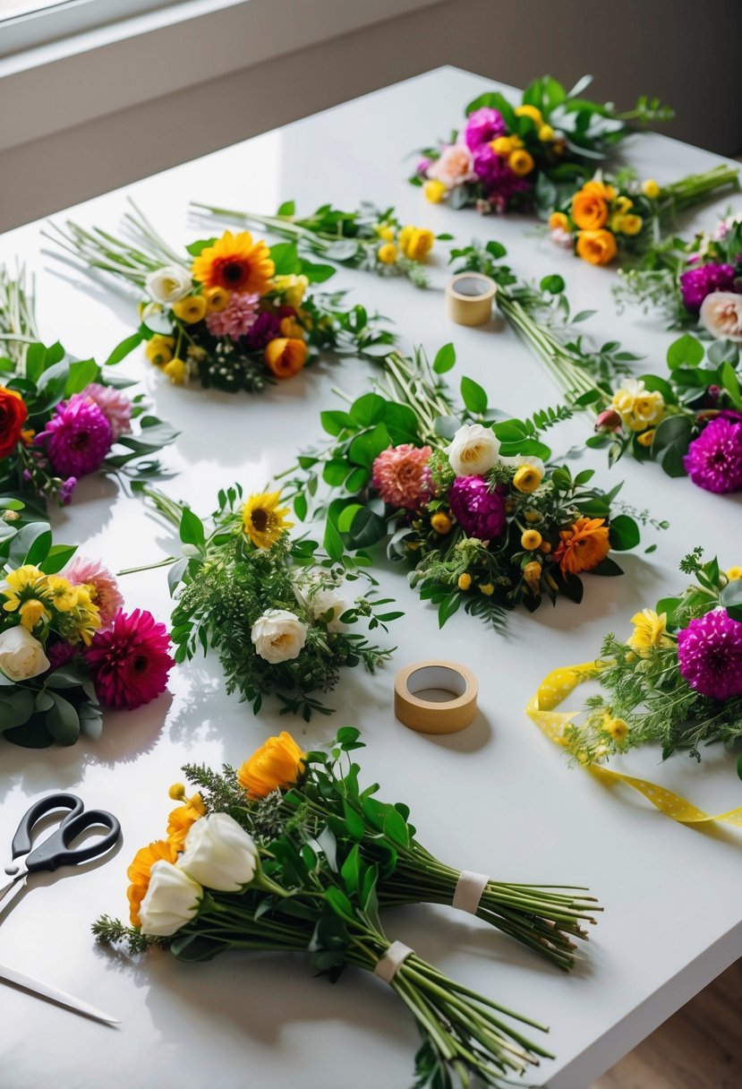 A colorful array of fresh flowers and greenery spread out on a clean, well-lit work surface, with scissors and floral tape nearby