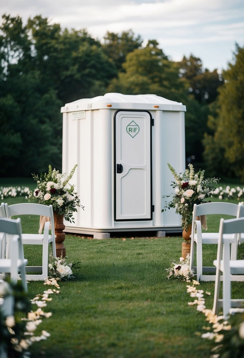 An outdoor wedding scene with white portable restroom facilities surrounded by greenery and floral decorations