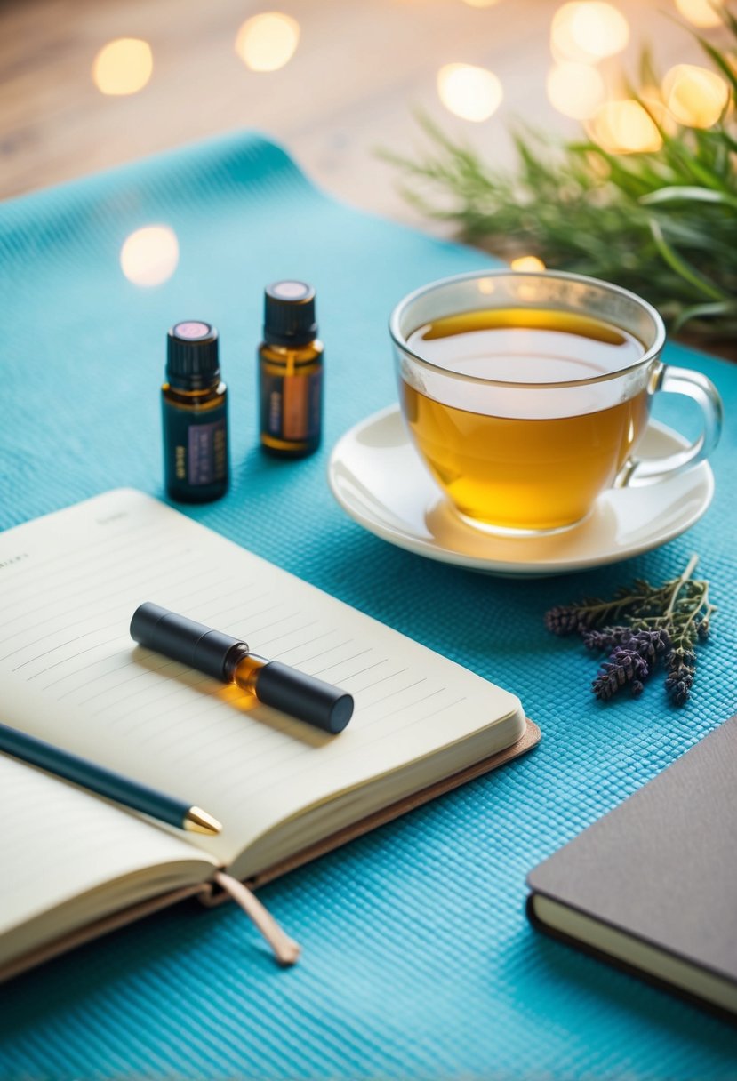 A serene scene with a yoga mat, essential oils, a cup of herbal tea, and a journal for reflecting