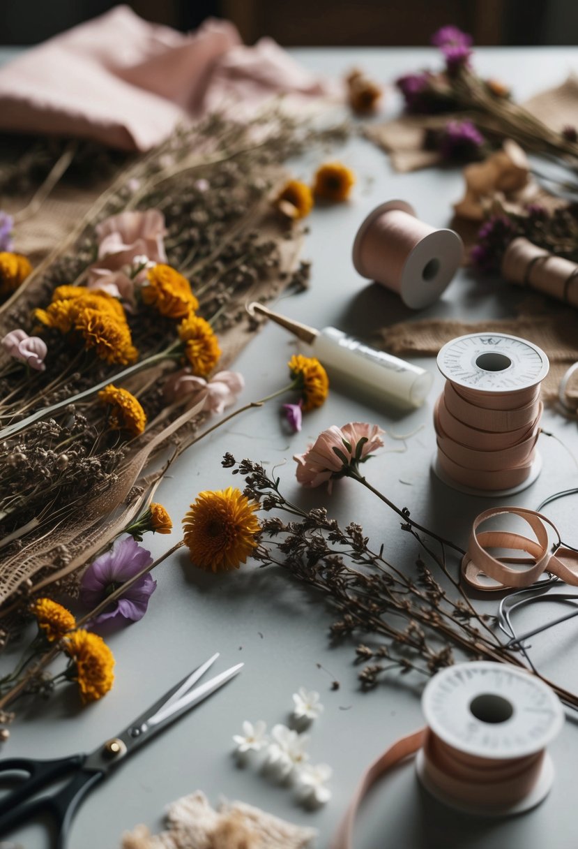 A table scattered with dried flowers, fabric scraps, and ribbon spools. Glue, wire, and scissors lay nearby