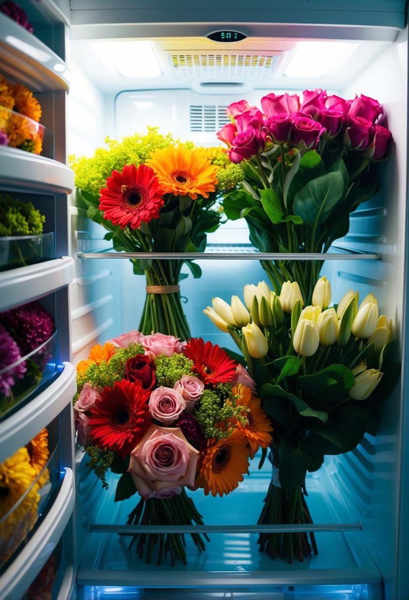 Several colorful bouquets stored in a refrigerator to keep them fresh