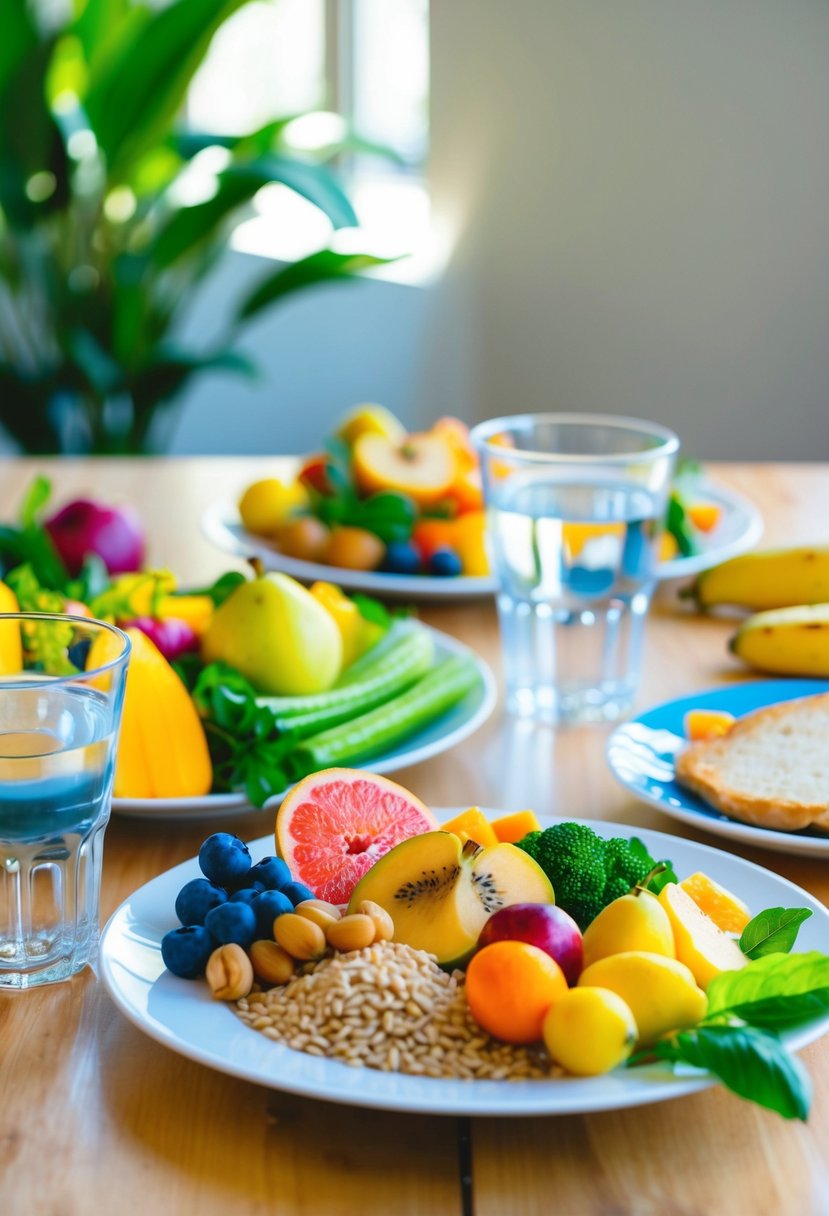 A table set with colorful, fresh fruits, vegetables, and whole grains. A glass of water and a plate of lean protein. Bright, natural lighting