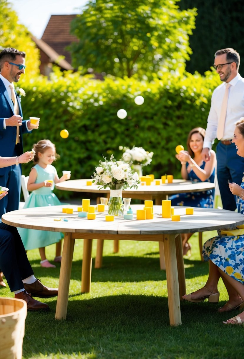 A sunny garden with guests playing lawn games at a wedding. Tables are decorated with outdoor-friendly centerpieces