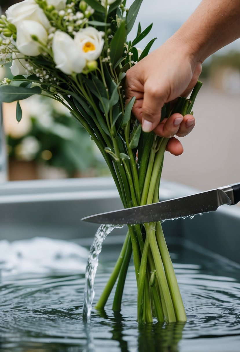 Stems being cut under running water for a DIY wedding bouquet