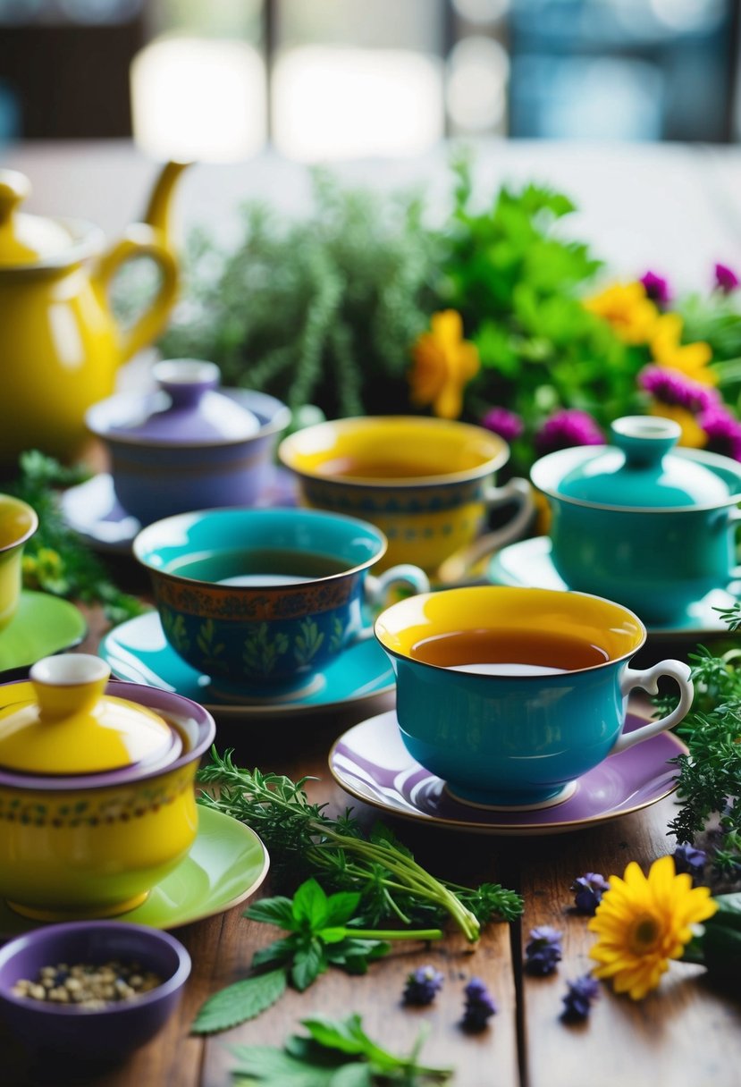 A table set with an assortment of colorful herbal tea cups and pots, surrounded by fresh herbs and flowers