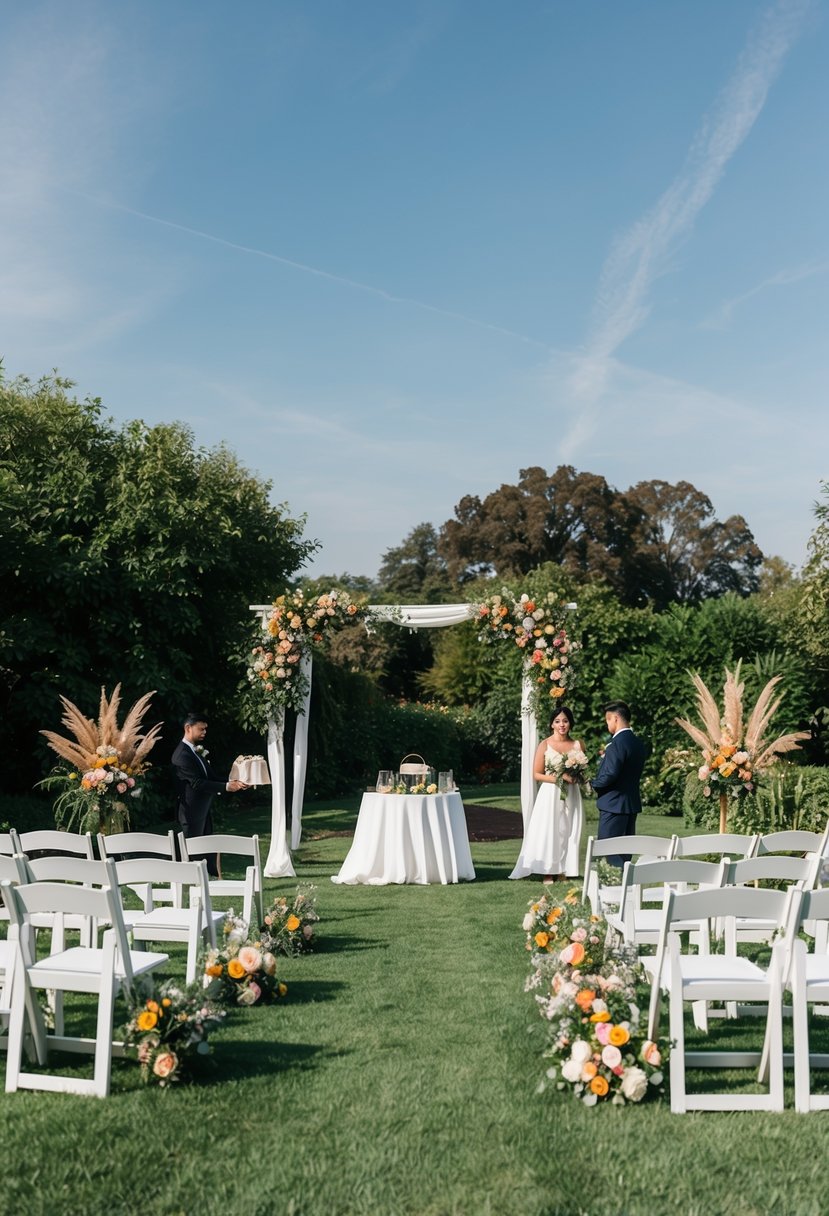 An outdoor wedding scene with vendors setting up under a clear sky, surrounded by lush greenery and colorful floral arrangements