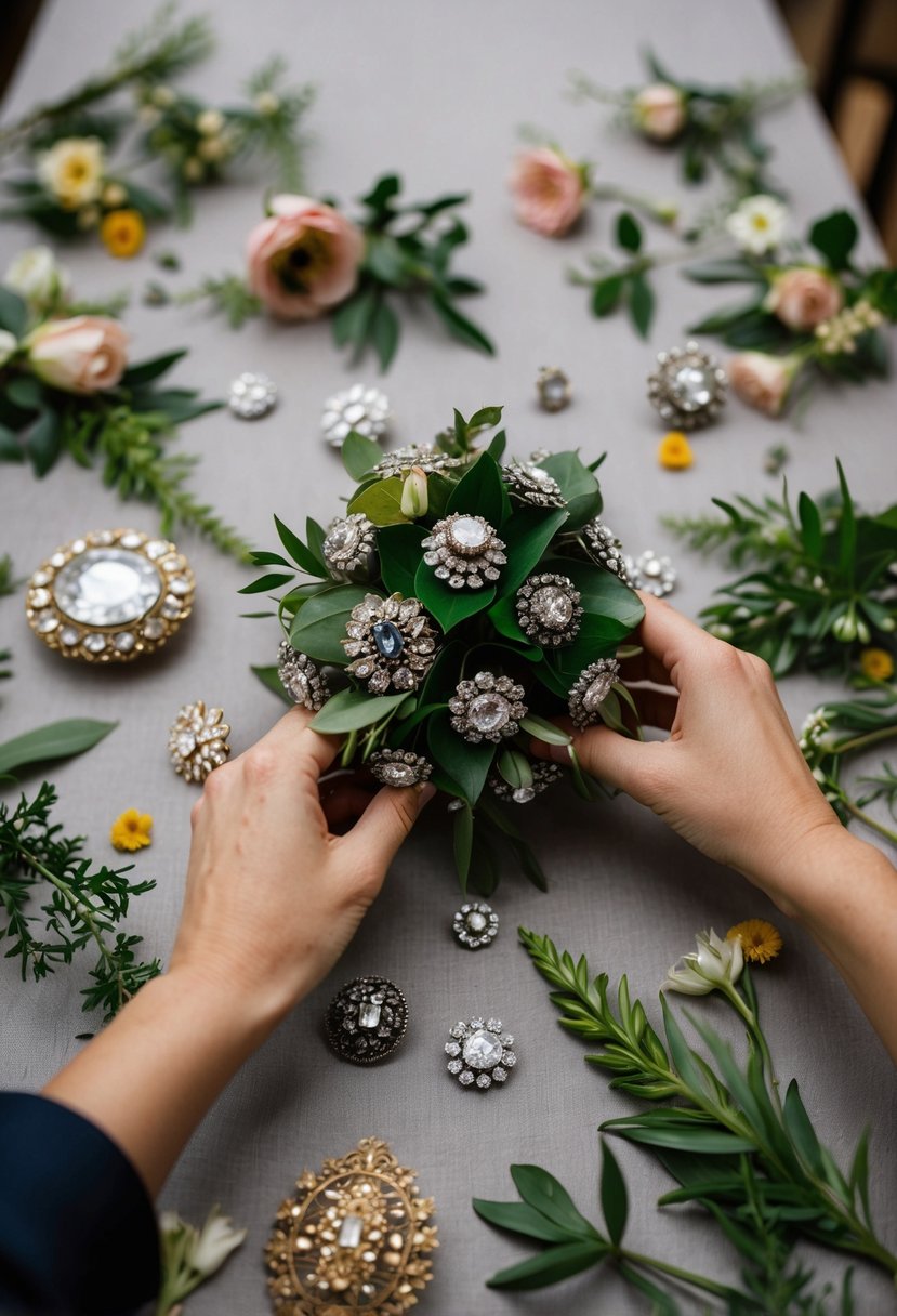 A table adorned with heirloom brooches, surrounded by scattered flowers and foliage, with a pair of hands crafting a wedding bouquet