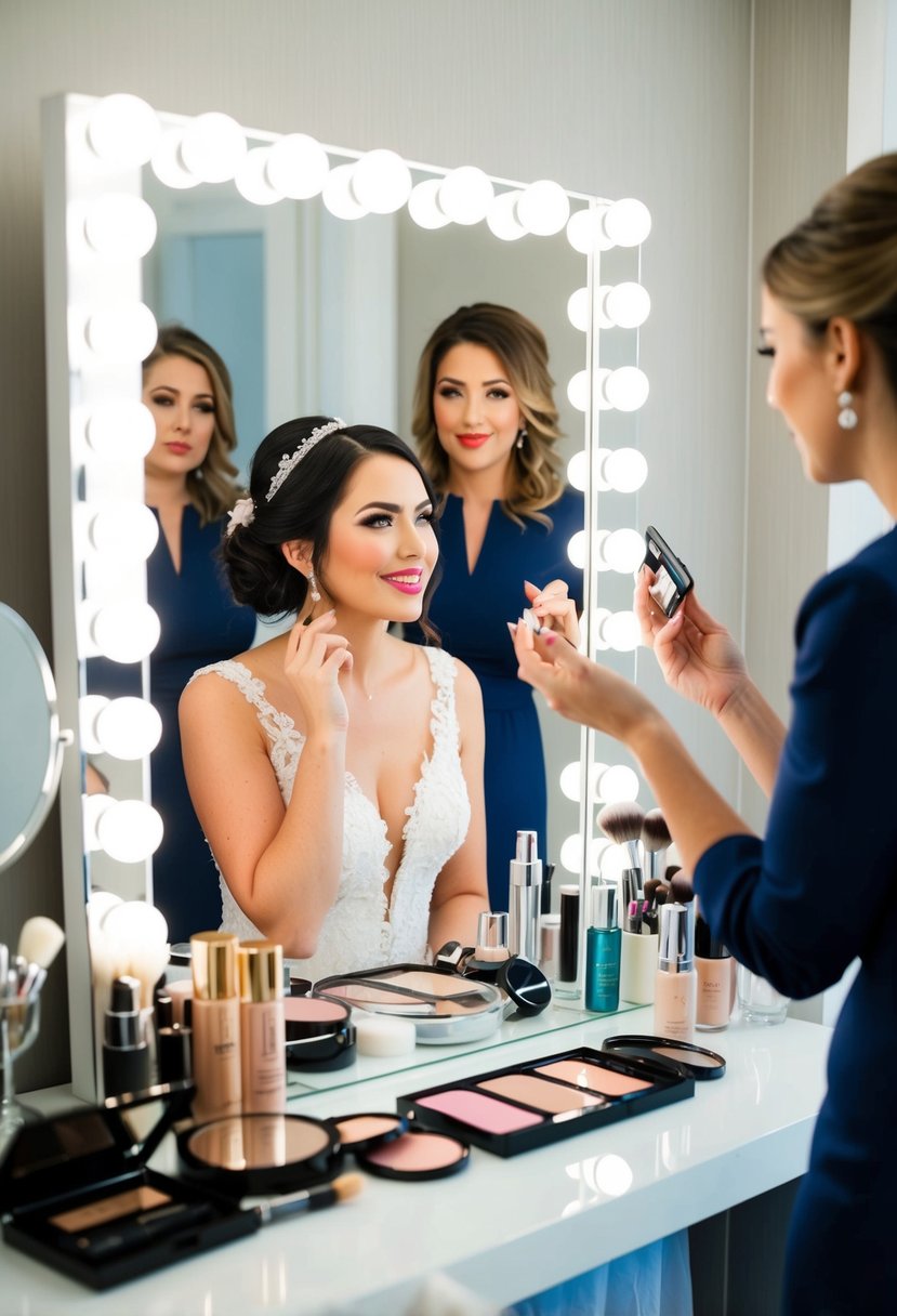 A bride-to-be sits at a vanity mirror, surrounded by makeup and hair products, as a stylist offers tips for her wedding day look