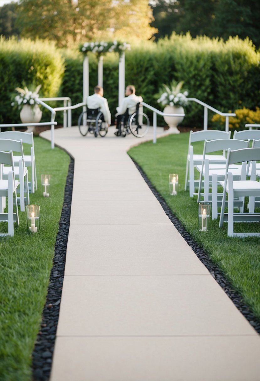 A paved path winds through a garden, lined with smooth ramps and handrails. A wheelchair-accessible seating area overlooks the ceremony space