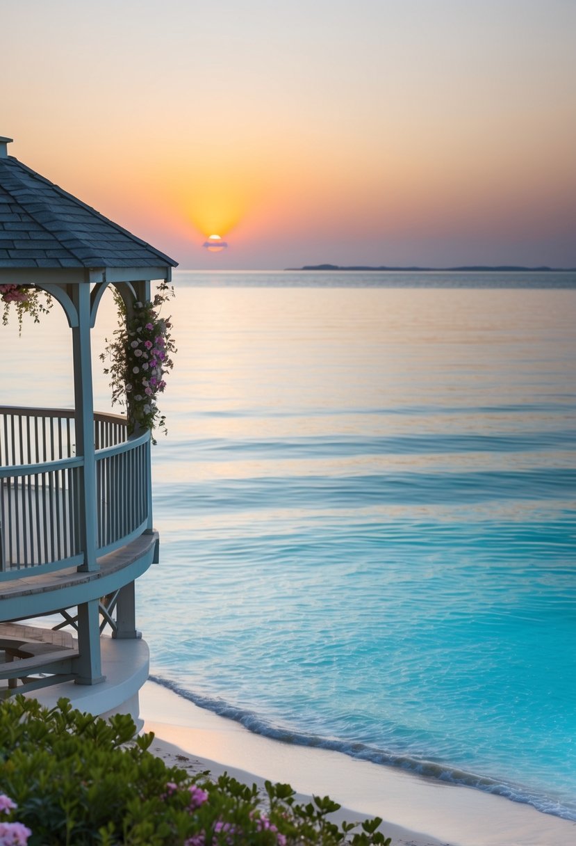 A serene beach with a gazebo adorned with flowers, overlooking crystal-clear waters, and a setting sun in the background