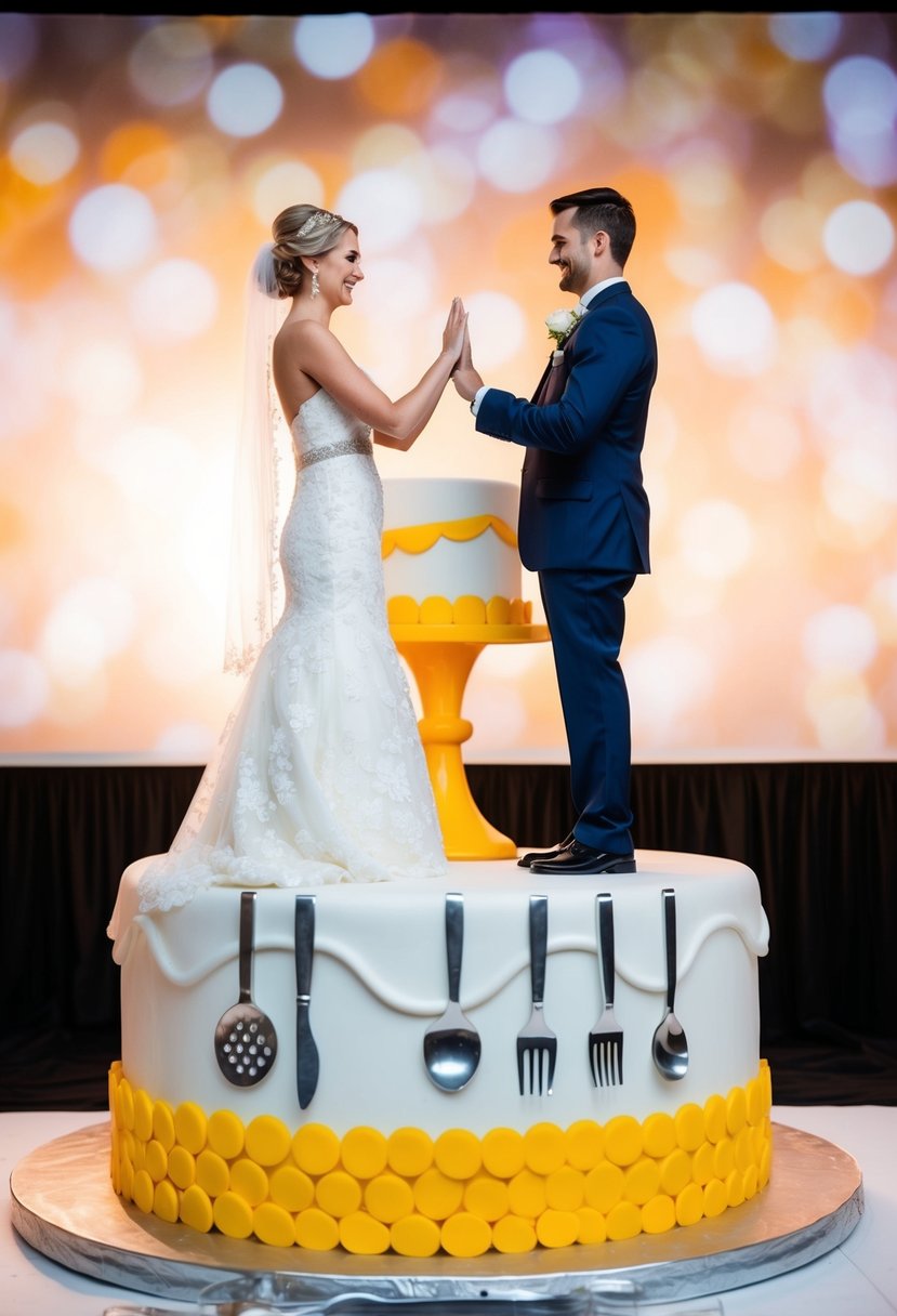 A bride and groom exchanging vows while standing on a giant wedding cake with comically oversized utensils and a whimsical backdrop