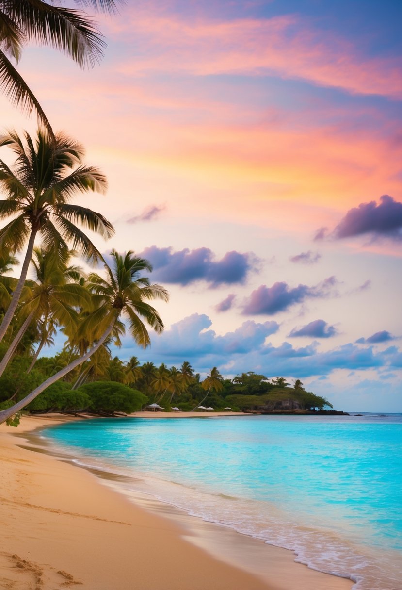 A picturesque beach with crystal-clear water, golden sands, and palm trees swaying in the gentle breeze. A colorful sunset paints the sky, creating a romantic backdrop for a destination wedding