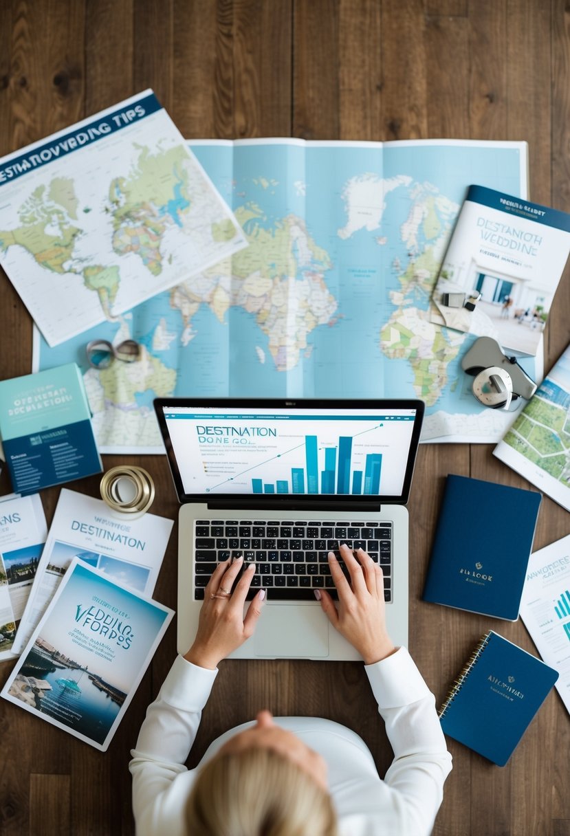 A wedding planner surrounded by maps, brochures, and a laptop, researching destination wedding tips