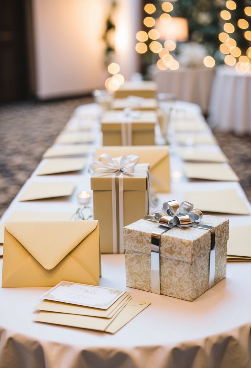 A beautifully decorated wedding gift table with envelopes, cards, and a decorative box for monetary gifts