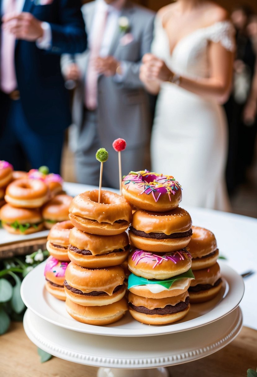 Mini donuts stacked as burger buns, with colorful toppings, served on a platter at a wedding reception