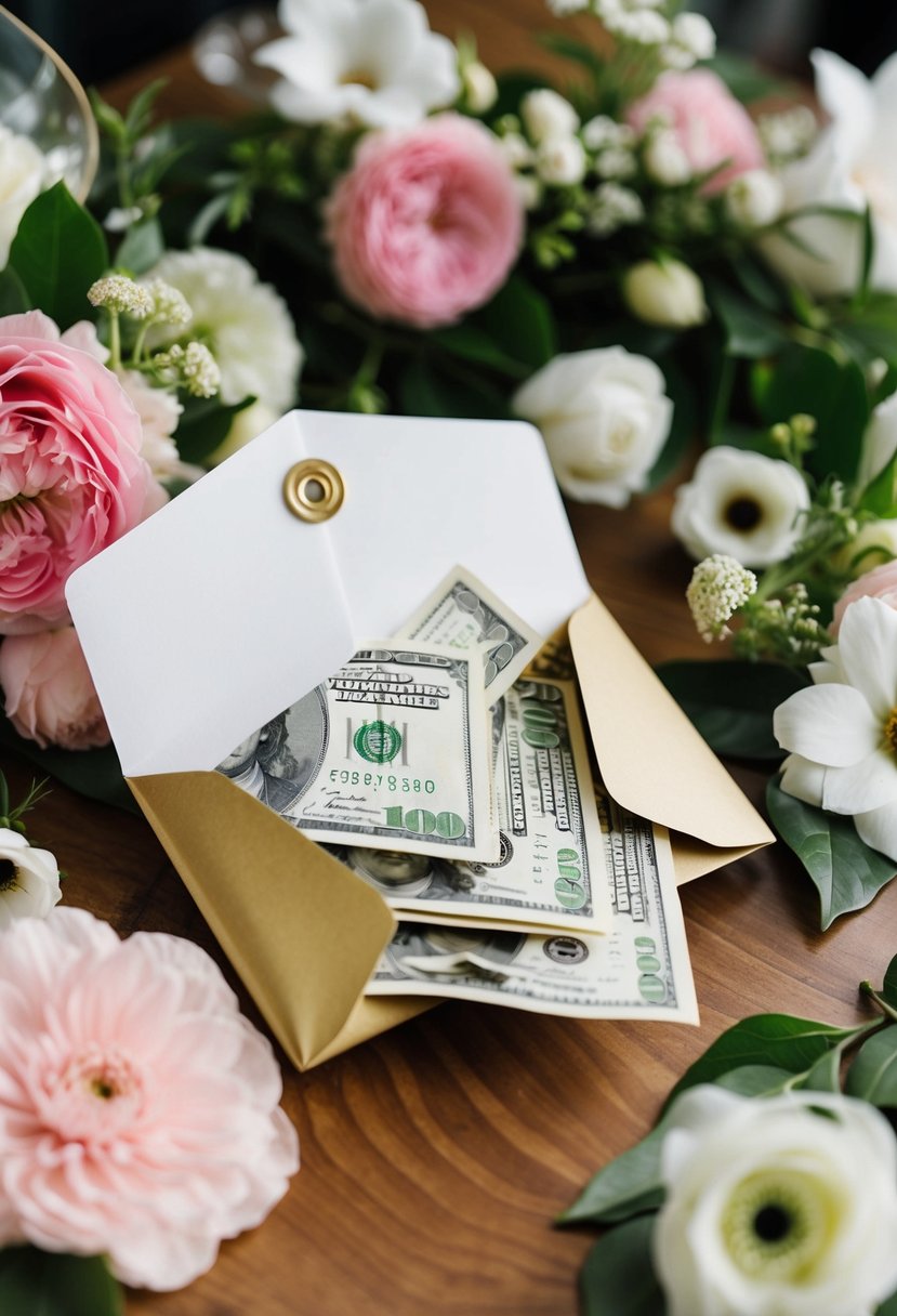 An envelope overflowing with cash surrounded by floral wedding decor