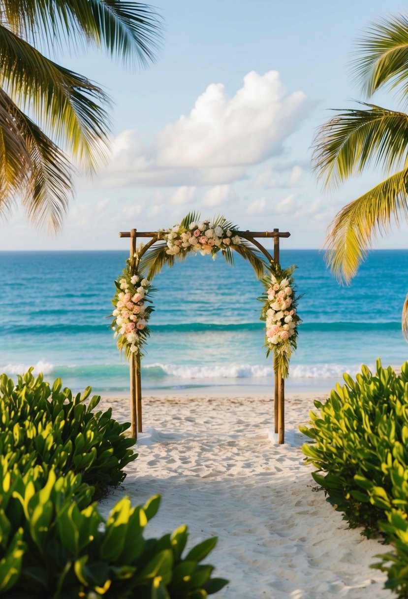 A tropical beach with a wedding arch, surrounded by lush greenery and overlooking the ocean