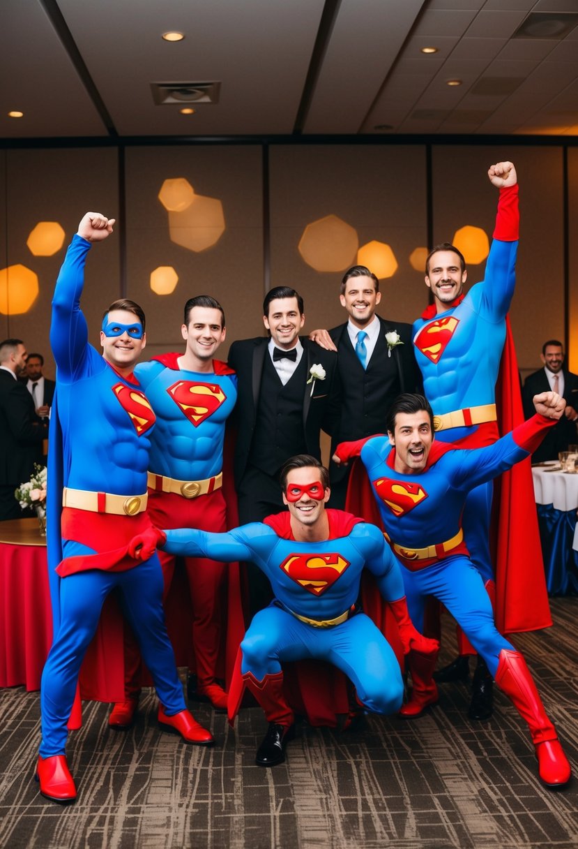 Groomsmen in superhero costumes pose for a group photo at a wedding reception, striking dynamic and comical poses