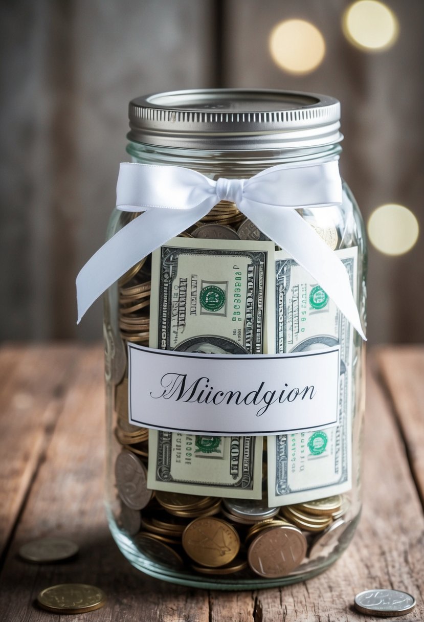 A clear glass jar filled with bills and coins, adorned with a white ribbon and personalized label, sits on a rustic wooden table