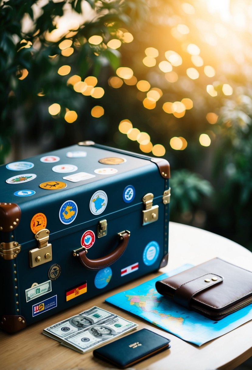 A suitcase with travel stickers, a map, and a wallet with currency from various countries laid out on a table