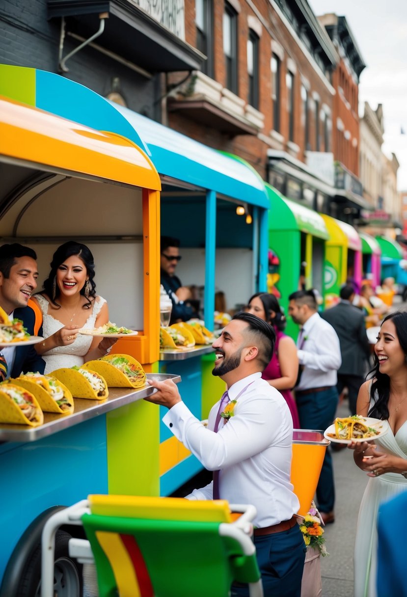 Colorful taco trucks line a bustling street, serving up quirky and delicious wedding fare. Laughter and love fill the air as guests enjoy the unique culinary experience