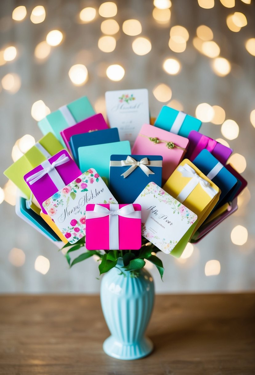 A bouquet of colorful gift cards arranged in a vase, with wedding-themed designs and tied with a ribbon