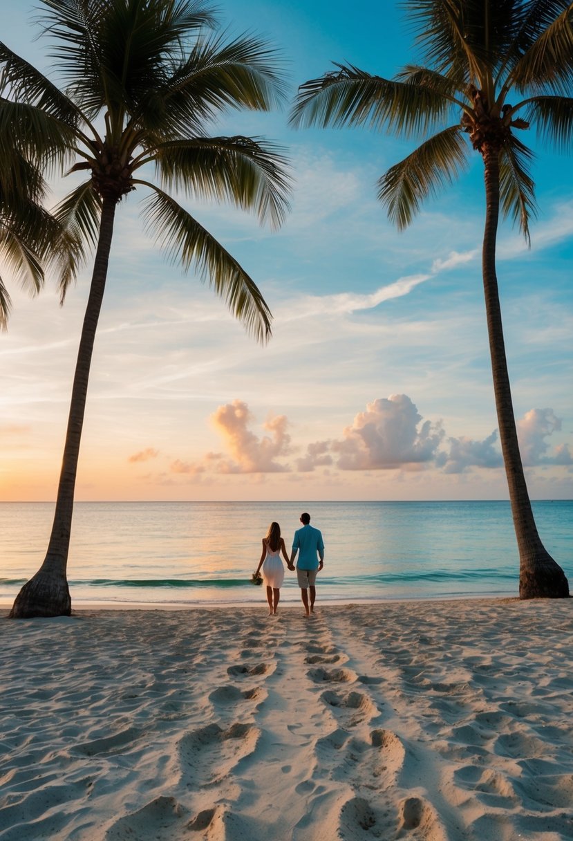 A tropical beach with a sunset, palm trees, and a couple's footprints in the sand leading towards the ocean