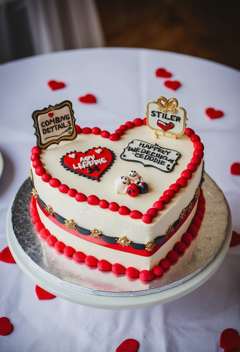 A heart-shaped wedding cake with comical decorations and quirky details