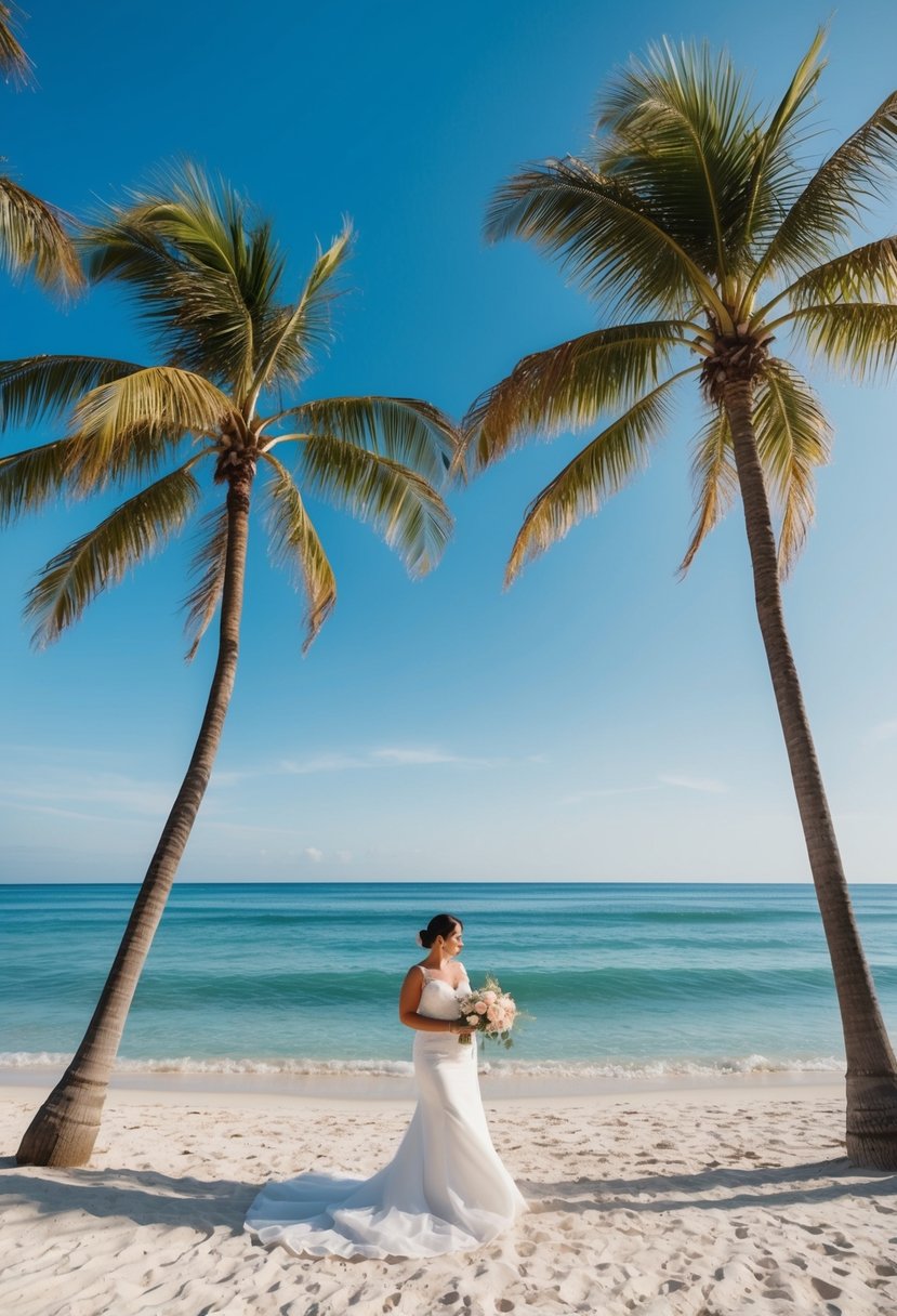 A serene beach wedding with clear blue skies, gentle waves, and palm trees swaying in the warm breeze