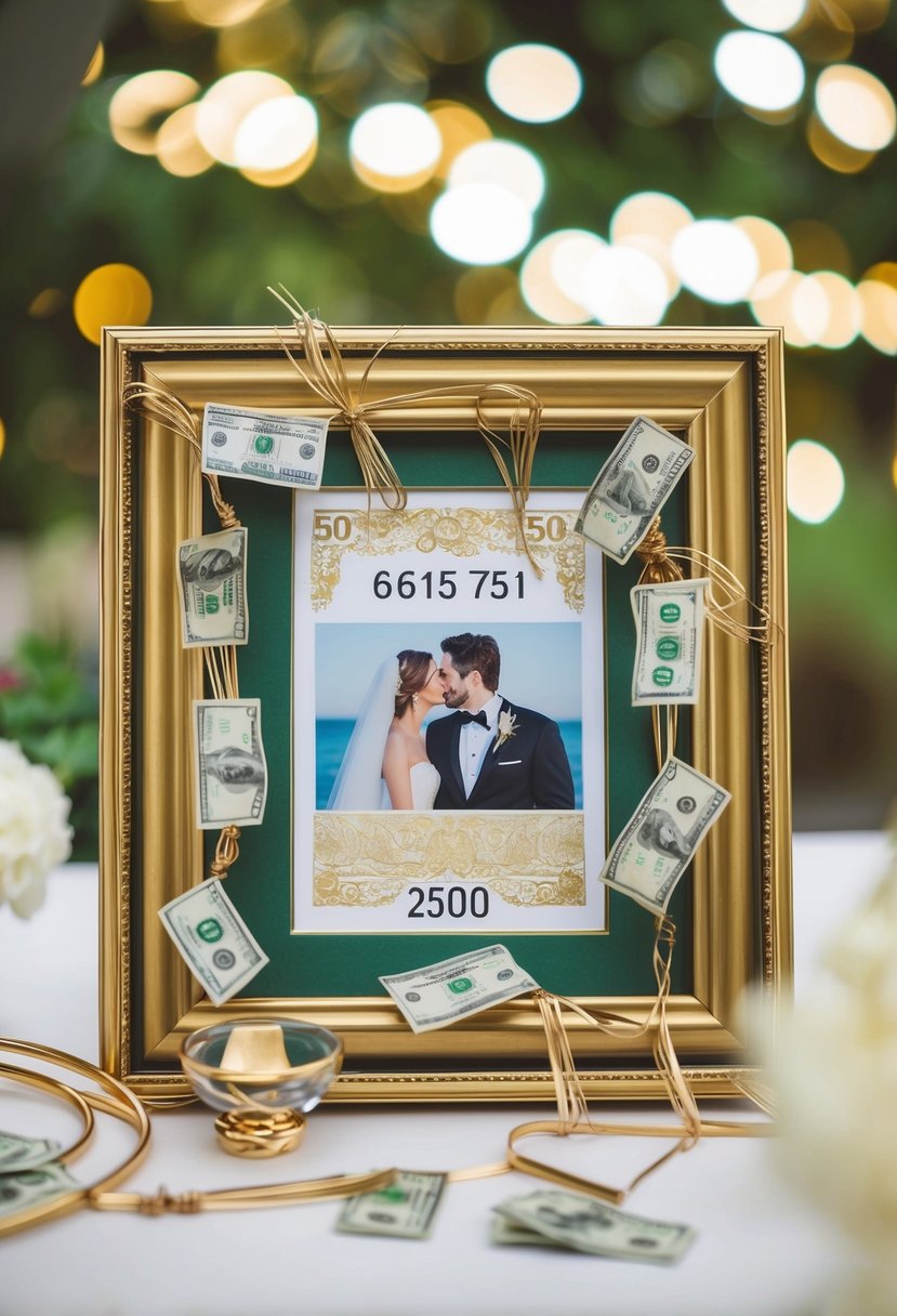 A picture frame filled with cash and wedding-themed decorations