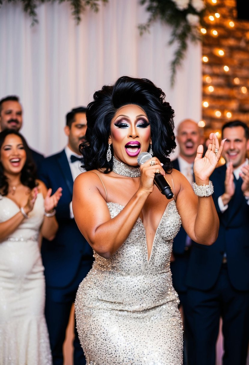 A drag performer in a sparkly gown and dramatic makeup lip-syncs on a stage at a wedding reception, surrounded by laughing and clapping guests