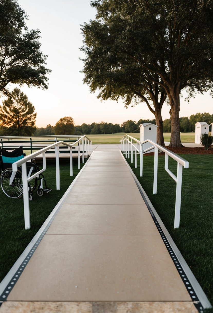 A scenic outdoor wedding venue with wheelchair ramps, wide pathways, and accessible restrooms