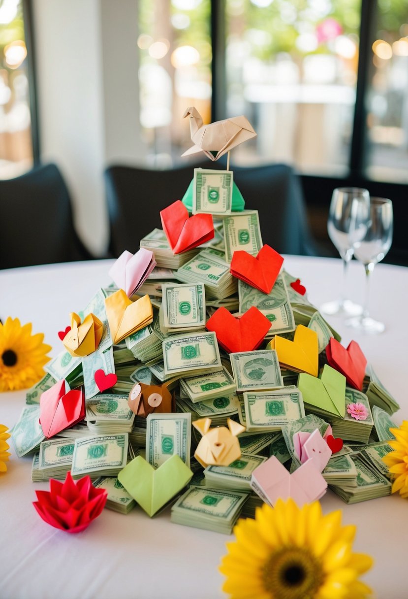 A pile of origami money hearts, flowers, and animals arranged on a table for a wedding gift