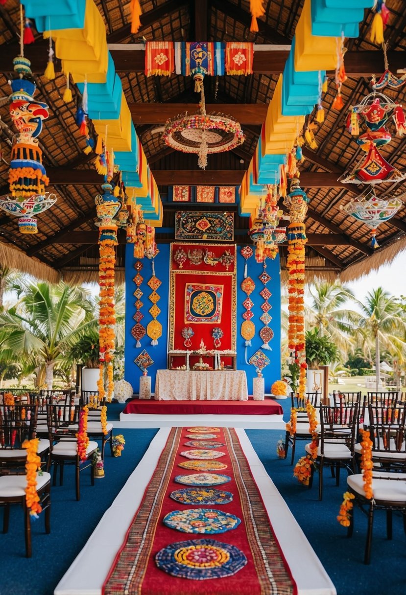 A colorful array of local traditional decorations and symbols adorning a wedding venue, with elements reflecting the cultural heritage of the destination