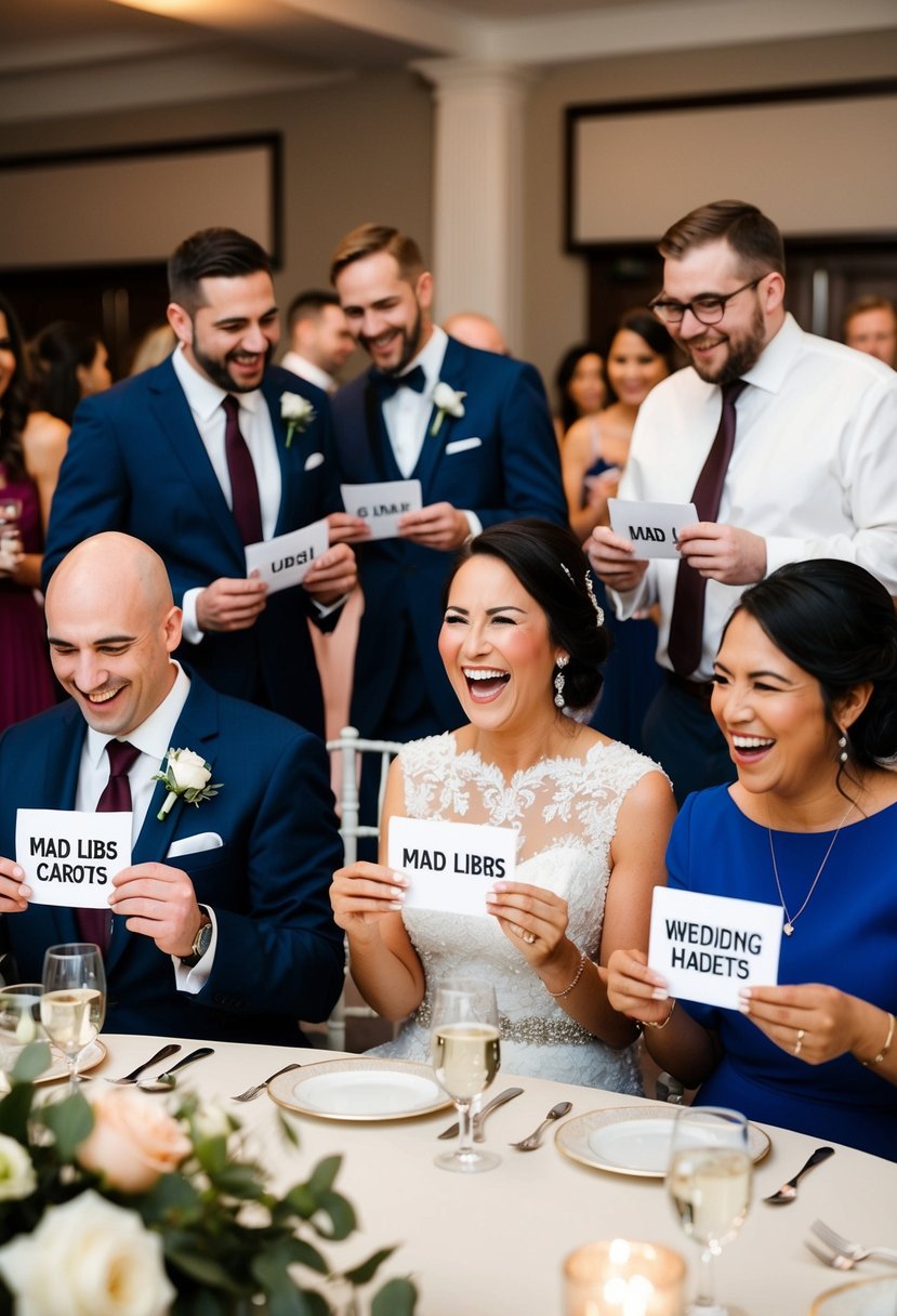 A group of diverse wedding guests laugh while filling out Mad Libs cards at a beautifully decorated reception table