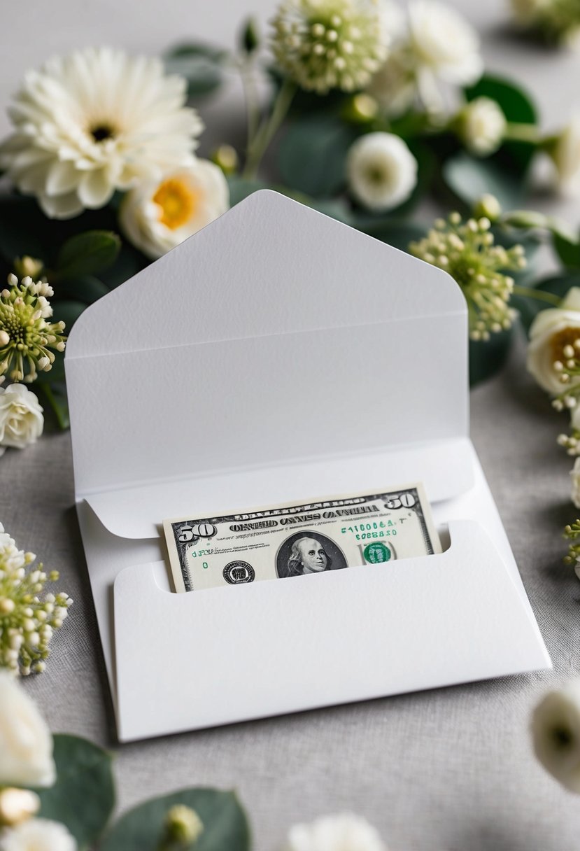 A white wedding card with cash tucked inside, surrounded by elegant floral decorations