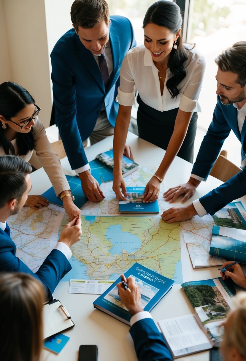 A group of people gather around a table, planning and organizing activities for a destination wedding. Maps, brochures, and notebooks are scattered across the table