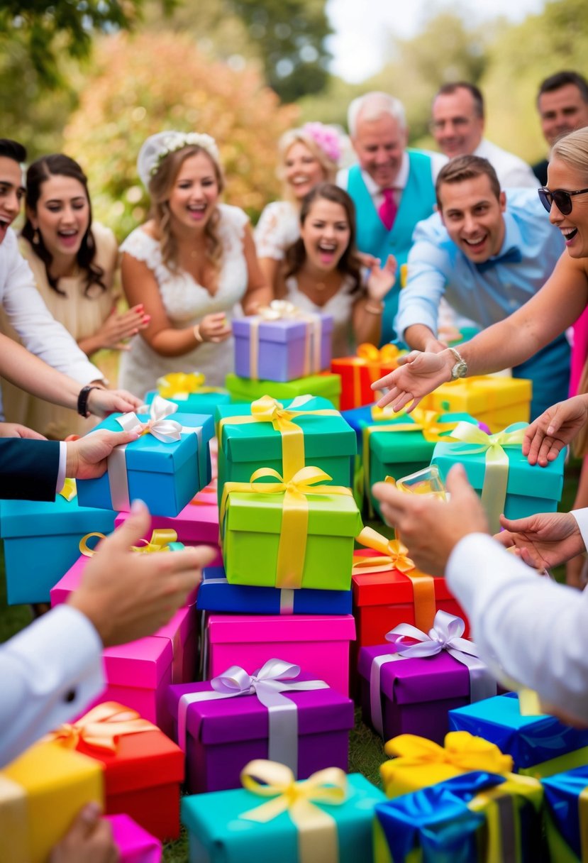 A group of colorful presents being passed around, with guests laughing and cheering as they eagerly anticipate the next funny wedding dare