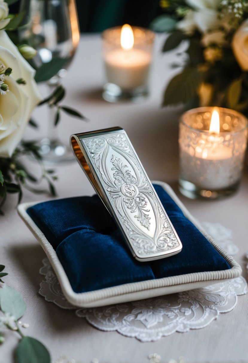 A sleek silver money clip with intricate engraving sits on a velvet cushion, surrounded by elegant wedding decor