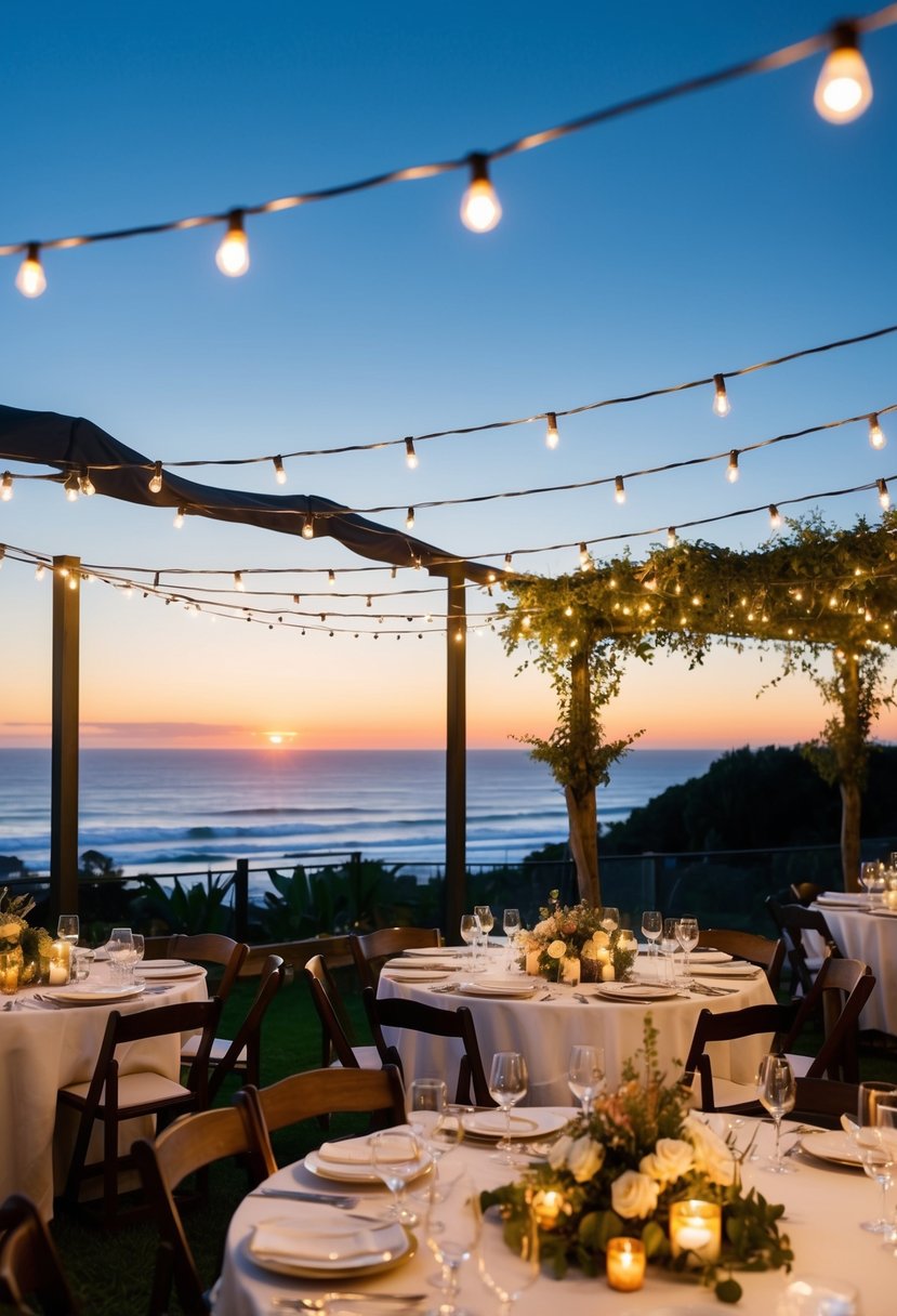 A beautifully decorated outdoor dinner setting with string lights, elegant table settings, and a stunning view of the sunset over the ocean