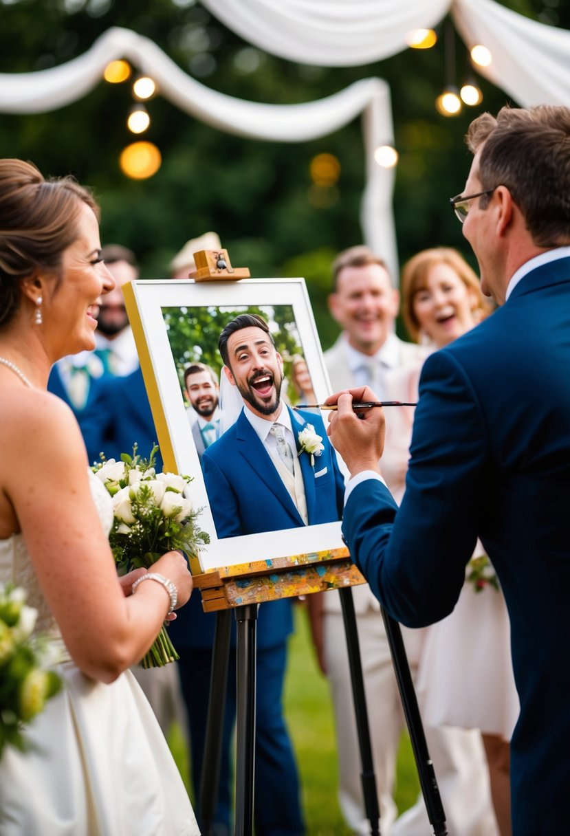 A live painter capturing a comical wedding ceremony with quirky ideas and laughter-filled moments